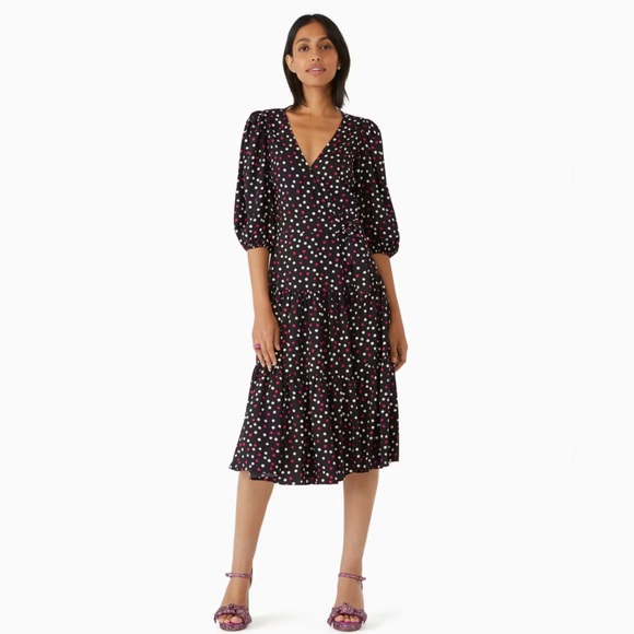 Kate Spade Glimmer Polka Dot Midi Wrap Dress Sz XS / 2 - Black Pink Flowy Preppy - Picture 3 of 13